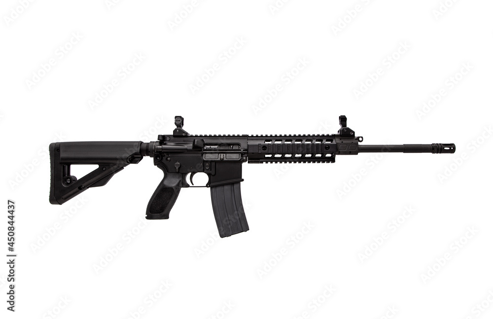 Modern automatic rifle isolated on white. Weapons for police, special forces and the army. A carbine with mechanical sights on a white back Modern automatic rifle isolated on white. Weapons for police, special forces and the army. A carbine with mechanical sights on a white back