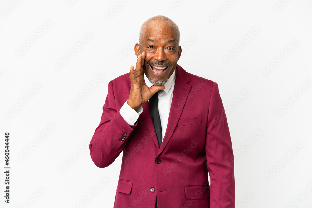 Cuban senior isolated on white background shouting with mouth wide open Cuban senior isolated on white background shouting with mouth wide open