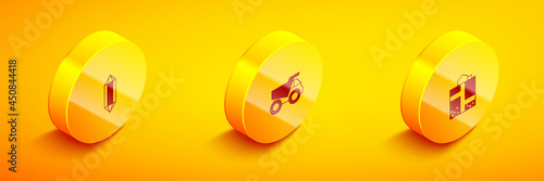 Set Isometric Gem stone, Mining dump truck and Mine entrance icon. Vector