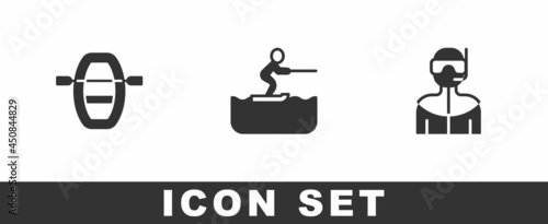 Set Boat with oars, Water skiing man and Wetsuit for scuba diving icon. Vector