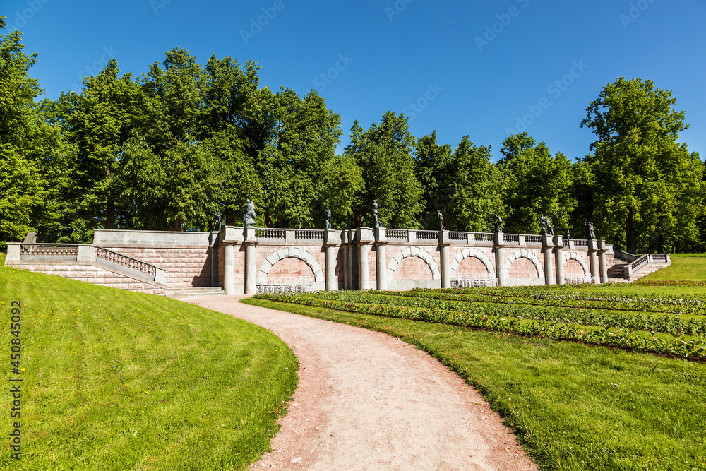 Granite terrace in the Catherine Park of Tsarskoye Selo. Pushkin, Saint Petersburg, Russia