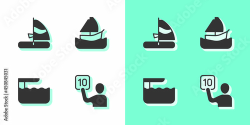 Set Assessment of judges, Windsurfing, Diving board or springboard and Yacht sailboat icon. Vector