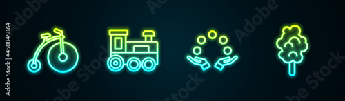 Set line Vintage bicycle, Toy train, Juggling ball and Cotton candy. Glowing neon icon. Vector