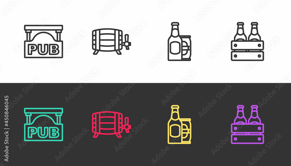 Set line Street signboard with Pub, Wooden barrel, Beer bottle and beer can and Pack of bottles on black and white. Vector Set line Street signboard with Pub, Wooden barrel, Beer bottle and beer can and Pack of bottles on black and white. Vector