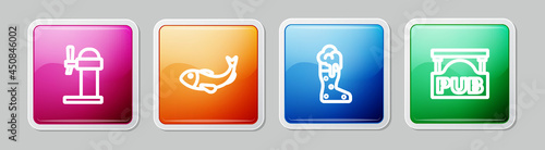 Set line Dispenser beer, Dried fish, Boot glass and Street signboard with Pub. Colorful square button. Vector