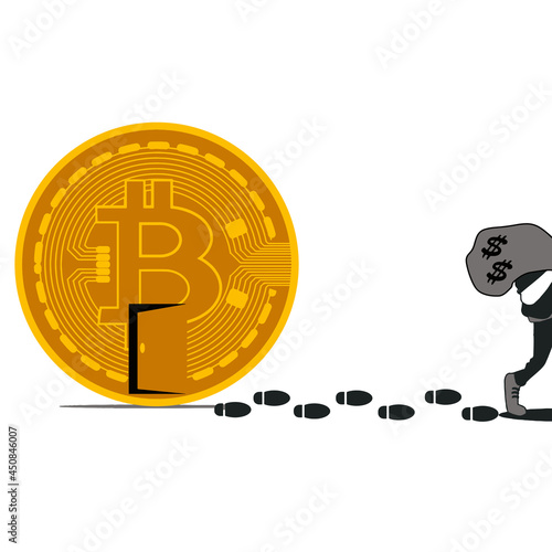 Illustration of cybercrime on bitcoin ponzi scheme. Robber steal cash from bitcoin. Cryptocurrency fraud concept. Cryptocurrency Market Manipulation