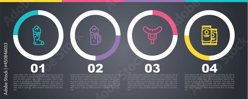 Set line Boot beer glass, Wooden mug, Sausage on the fork and Beer can. Business infographic template. Vector