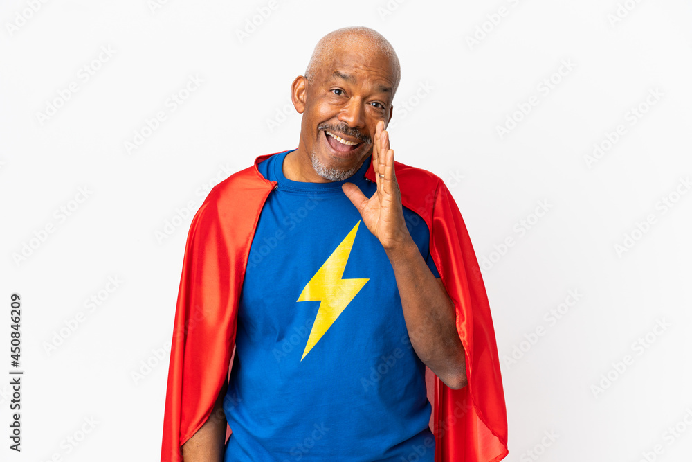 Super Hero senior man isolated on white background shouting with mouth wide open Super Hero senior man isolated on white background shouting with mouth wide open