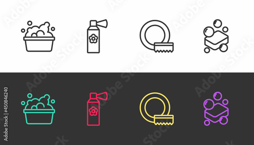 Set line Basin with soap suds, Air freshener spray bottle, Washing dishes and Bar of on black and white. Vector