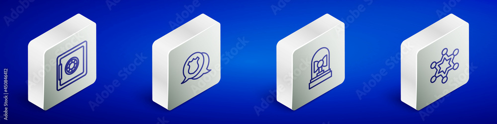 Set Isometric line Safe, Police badge, Flasher siren and Hexagram sheriff icon. Vector Set Isometric line Safe, Police badge, Flasher siren and Hexagram sheriff icon. Vector