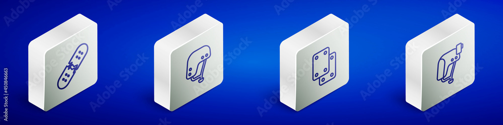 Set Isometric line Broken skateboard deck, Skateboard helmet, Knee pads and icon. Vector Set Isometric line Broken skateboard deck, Skateboard helmet, Knee pads and icon. Vector