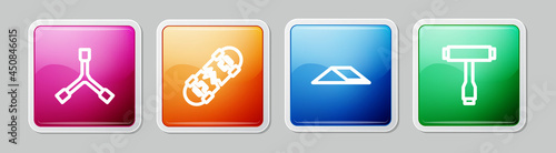 Set line Skateboard Y-tool, Broken skateboard, park and T. Colorful square button. Vector