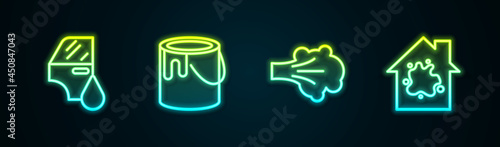 Set line Car painting, Paint bucket, spray and Painting the house. Glowing neon icon. Vector