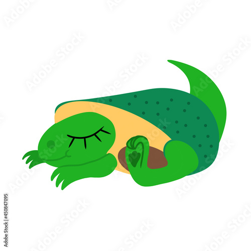 Adorable sleepy dinosaur dressed as avocado. Vector illustration isolated on white background. Image for use in design of bags posters clothing posters sites