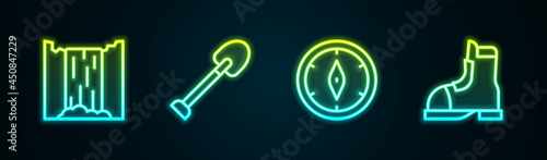 Set line Waterfall, Shovel, Compass and Hunter boots. Glowing neon icon. Vector