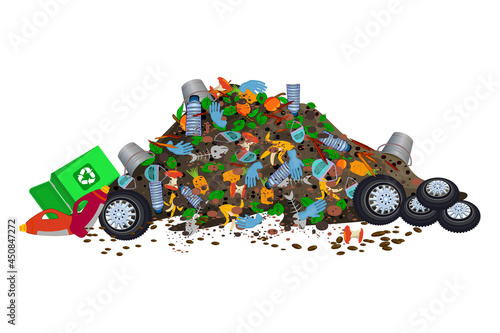 Pile of garbage isolated on white background. Big dump with of trash and rubbish.Waste recycling.City landfill with heap of household waste and junk.Organic and plastic dirty stack.Vector illustration
