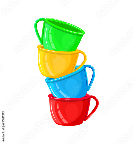Stack of colorful coffee cups isolated on white background. Pile of mugs with different color. Porcelain empty tea or coffee cups in a tower. Porcelain pipkins heap one in another. Vector illustration