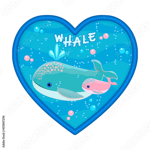 Whale family in heart shaped frame isolated on white background. Ocean landscape with whales. Cute cartoon whale with baby. Happy Mothers or Ocean Day. Marine life concept. Stock vector illustration