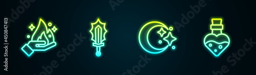 Set line Hand holding fire, Magic sword, Moon stars and Bottle with potion. Glowing neon icon. Vector