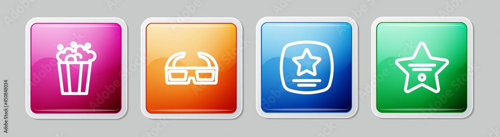 Set line Popcorn in cardboard box, 3D cinema glasses, Walk of fame star and . Colorful square button. Vector Set line Popcorn in cardboard box, 3D cinema glasses, Walk of fame star and . Colorful square button. Vector