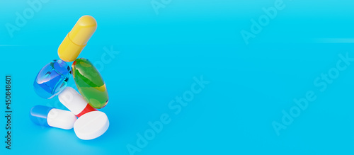 A group of medicine pills and antibiotics balacning on top of each other. Medical pills balancing one on each other. 3D Render