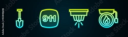 Set line Fire shovel, Emergency call 911, Smoke alarm system and Ringing bell. Glowing neon icon. Vector