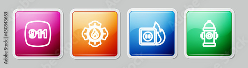Set line Emergency call 911, Firefighter, Electric wiring of socket in fire and hydrant. Colorful square button. Vector