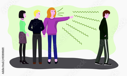 Two women and a man discuss a young man passing by. The concept of a person who is criticized or condemned. Expression of a person's loneliness, spreading rumors about him. Vector illustration.