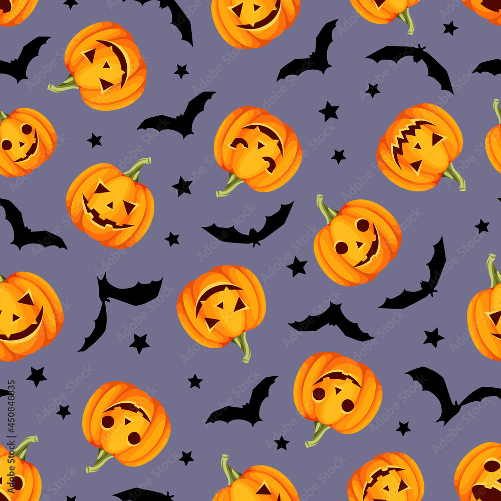 Vector Halloween seamless pattern with jack-o-lanterns (pumpkins), bats, and stars on a purple background. Vector Halloween seamless pattern with jack-o-lanterns (pumpkins), bats, and stars on a purple background.
