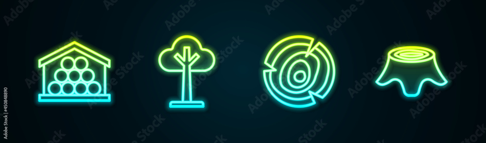 Set line Wooden logs, Tree, and stump. Glowing neon icon. Vector Set line Wooden logs, Tree, and stump. Glowing neon icon. Vector