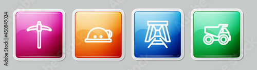 Set line Pickaxe, Miner helmet, entrance and Mining dump truck. Colorful square button. Vector