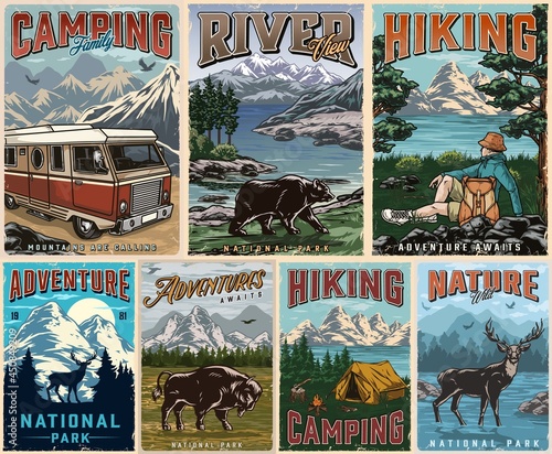 Camping and summer recreation posters set