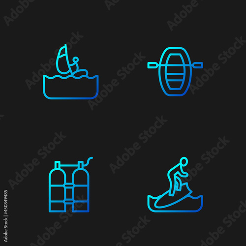 Set line Surfboard, Aqualung, Windsurfing and Boat with oars. Gradient color icons. Vector