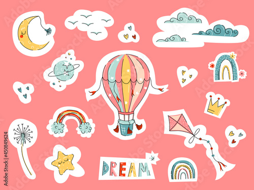 Balloon and kids stickers with kite and rainbow hand drawn and badges designs in flat style. Vector stock illustration