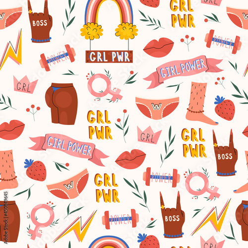 Girls power pattern with womens elements in hand drawn style. Vector stock illustration