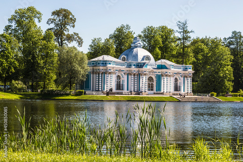 Pavilion Grotto on the shore of a Large pond in the Catherine Park of Tsarskoye Selo. Pushkin, Saint Petersburg, Russia