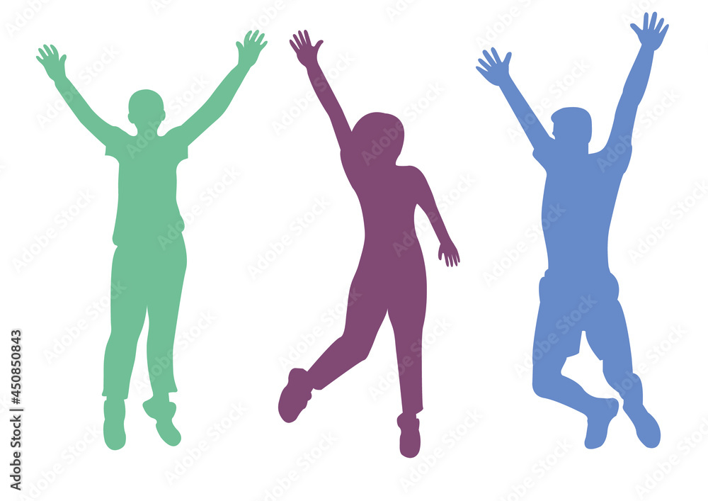 Fototapeta premium Silhouette of a crowd of people. A group of people. Jump and hands up. Flat style. Vector image isolated. Great design for any purpose. Vector graphics. Design element.