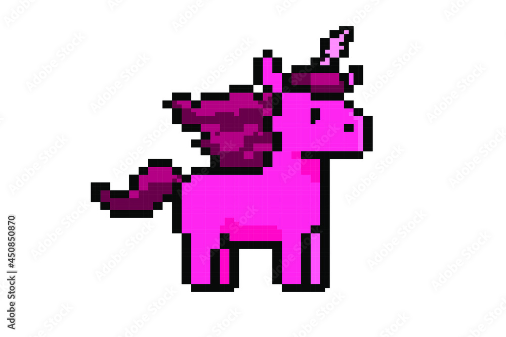 Fototapeta premium Fantasy game pixel art assets with pink unicorns. Vector