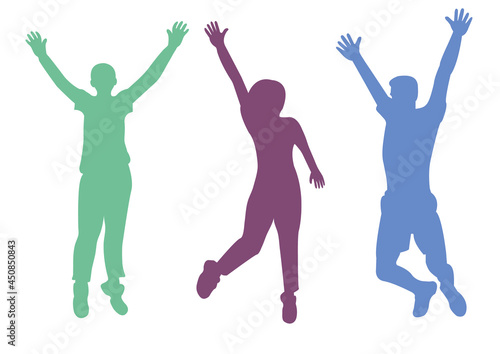 Silhouette of a crowd of people. A group of people. Jump and hands up. Flat style. Vector image isolated. Great design for any purpose. Vector graphics. Design element.