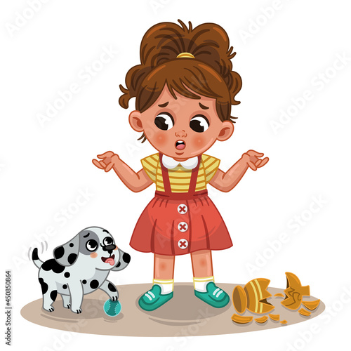 Little cute girl and her naughty dog. Vector illustration.