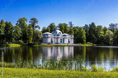 Pavilion Grotto on the shore of a Large pond in the Catherine Park of Tsarskoye Selo. Pushkin, Saint Petersburg, Russia