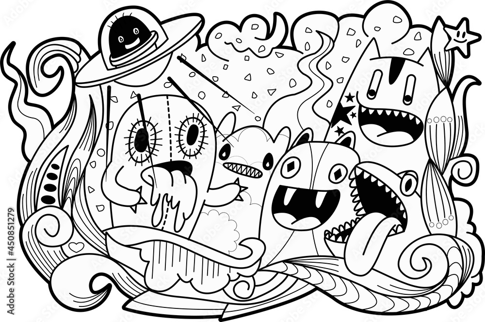 Cartoon monsters collection. coloring book set of cartoon monsters group Cartoon monsters collection. coloring book set of cartoon monsters group