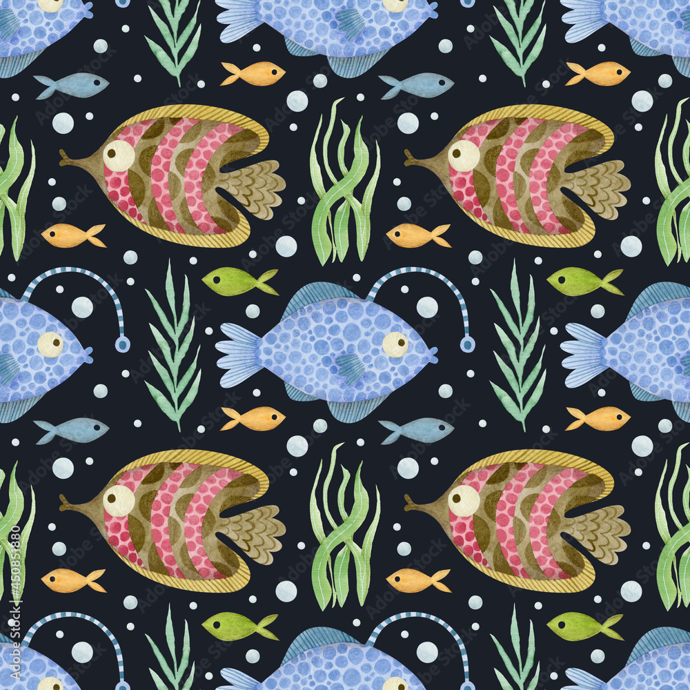 Cute watercolor seamless pattern, cartoon underwater ocean, sea animals on a black background. Cute watercolor seamless pattern, cartoon underwater ocean, sea animals on a black background.