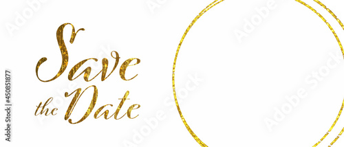 Gold save the date vector graphic on the white background, gold circular elements with white copy space, luxury glamour wedding invitation