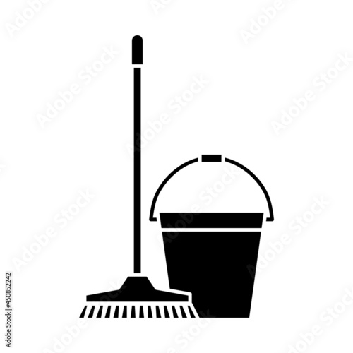 Mop and bucket, cleaning icons. Washing housekeeping equipment sign. Cleaning mop with bucket in glyph style