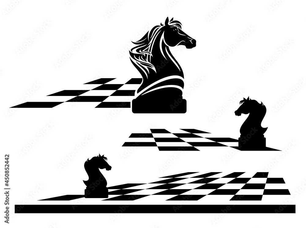 Fototapeta premium knight chess piece on a game board - black and white vector outline of horse head and checkerboard