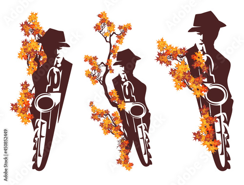 man playing saxophone among fall season tree branches with bright leaves - jazz musician wearing hat autumn vector portrait