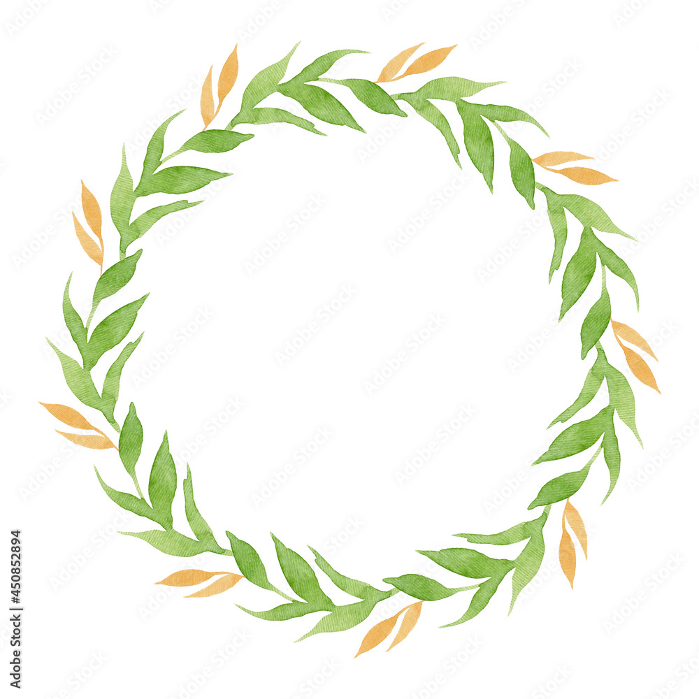 Watercolor seaweed wreath isolated on white background.