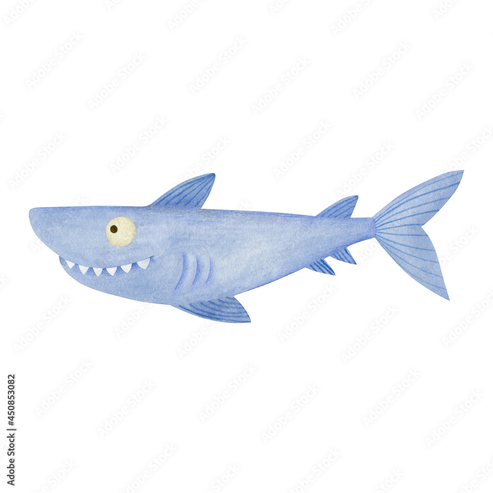Cute watercolor cartoon shark isolated on white background. Cute watercolor cartoon shark isolated on white background.
