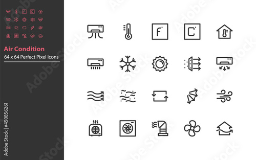 set of air condition line icons, temperature, air purify, dust